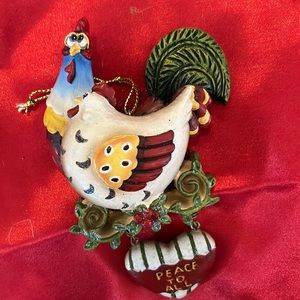 Vintage Chicken Rooster with hanging Heart Peace to All Christmas Tree Ornament